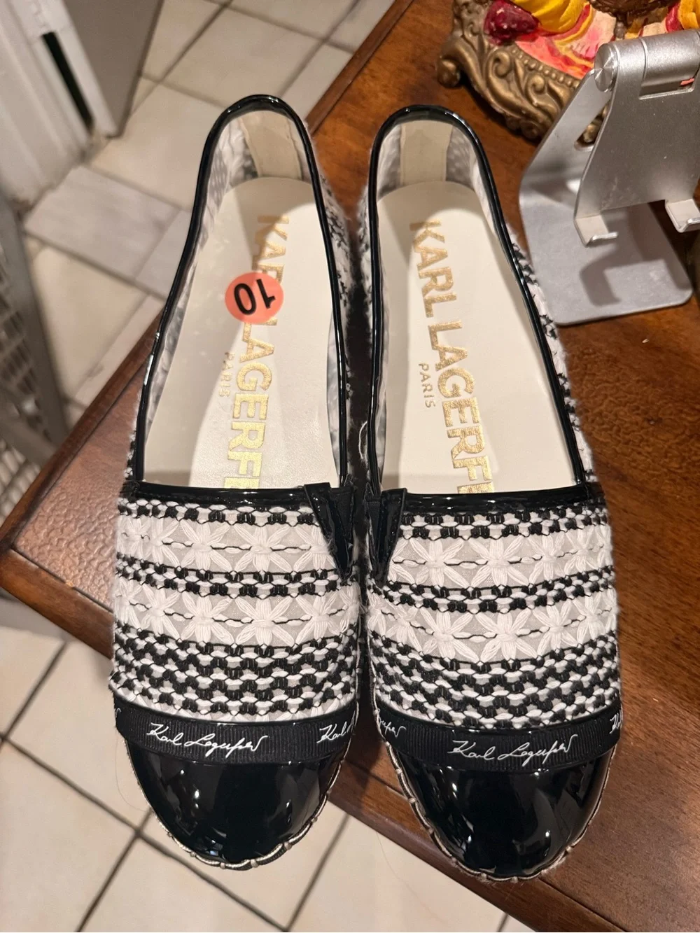 Karl Lagerfeld Black and White Woven Loafers with Patent Toe